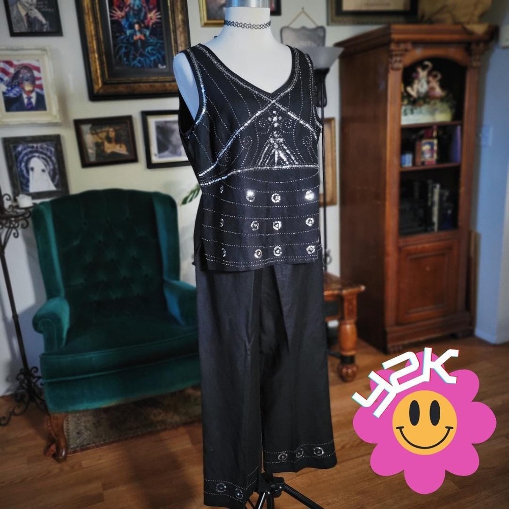 Y2K Dress-U by Sharon Black Embellished V Neck Sleeveless Top Wide Leg Pants Set